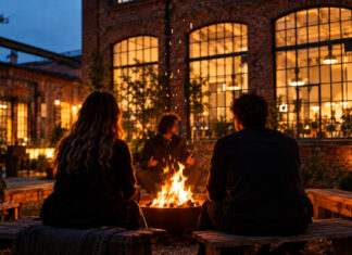 Drei Menschen sitzen abends an einem Lagerfeuer im Innenhof eines alten Backstein-Fabrikgebäudes, einer erzählt, zwei hören von hinten gesehen zu