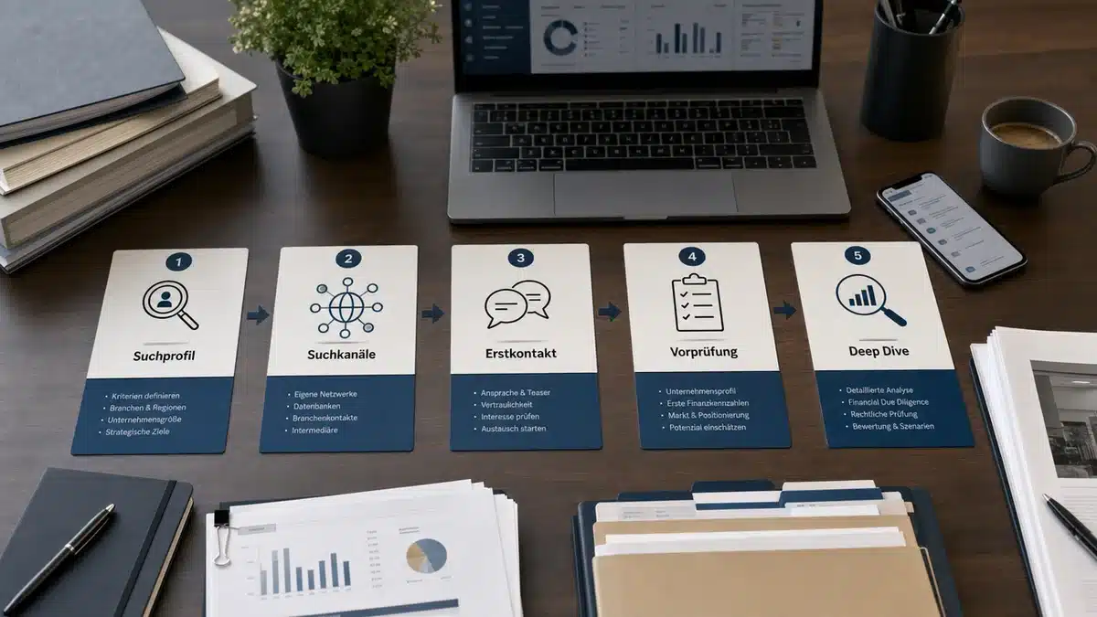suchprozess-unternehmensuebernahme Visualisierter Suchprozess für eine Unternehmensübernahme mit Unterlagen und Workflow-Schritten
