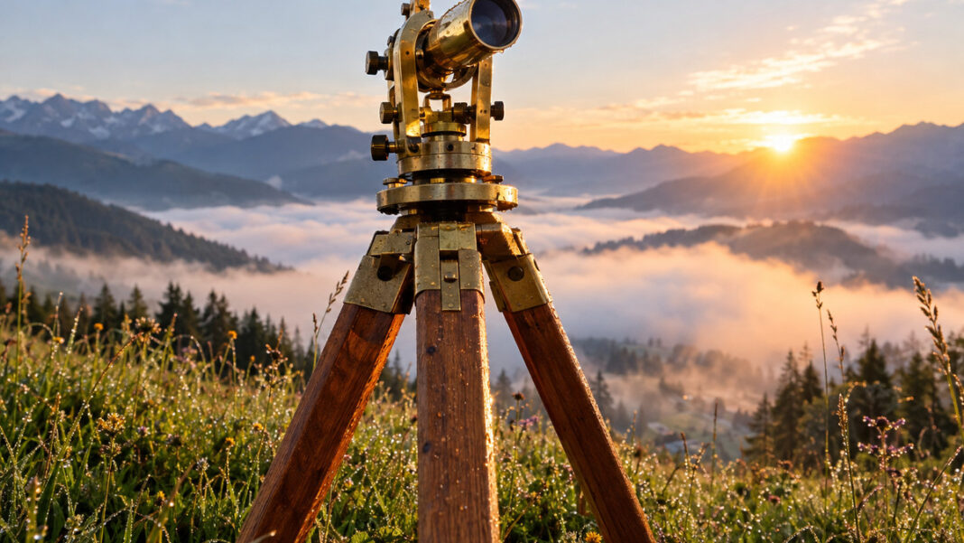 Ein messingfarbener Theodolit auf einem hölzernen Dreibein steht auf einer taunassen Bergwiese, warmes Morgenlicht auf dem blanken Metall, im Tal darunter liegt Nebel.