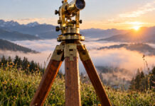 Ein messingfarbener Theodolit auf einem hölzernen Dreibein steht auf einer taunassen Bergwiese, warmes Morgenlicht auf dem blanken Metall, im Tal darunter liegt Nebel.