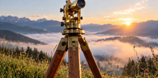 Ein messingfarbener Theodolit auf einem hölzernen Dreibein steht auf einer taunassen Bergwiese, warmes Morgenlicht auf dem blanken Metall, im Tal darunter liegt Nebel.