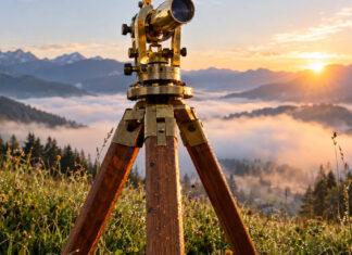 Ein messingfarbener Theodolit auf einem hölzernen Dreibein steht auf einer taunassen Bergwiese, warmes Morgenlicht auf dem blanken Metall, im Tal darunter liegt Nebel.