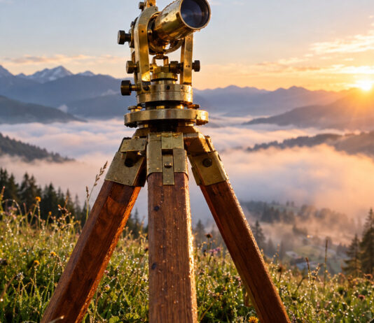 Ein messingfarbener Theodolit auf einem hölzernen Dreibein steht auf einer taunassen Bergwiese, warmes Morgenlicht auf dem blanken Metall, im Tal darunter liegt Nebel.