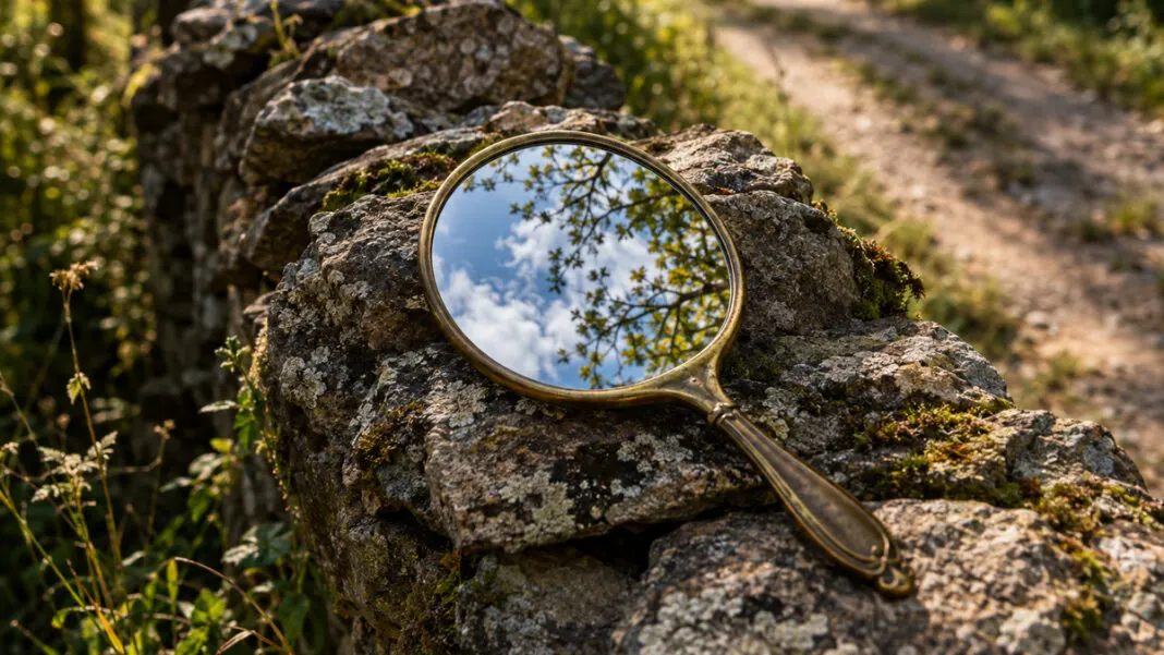 Messingspiegel auf einer Feldsteinmauer, im Glas spiegeln sich Wolken