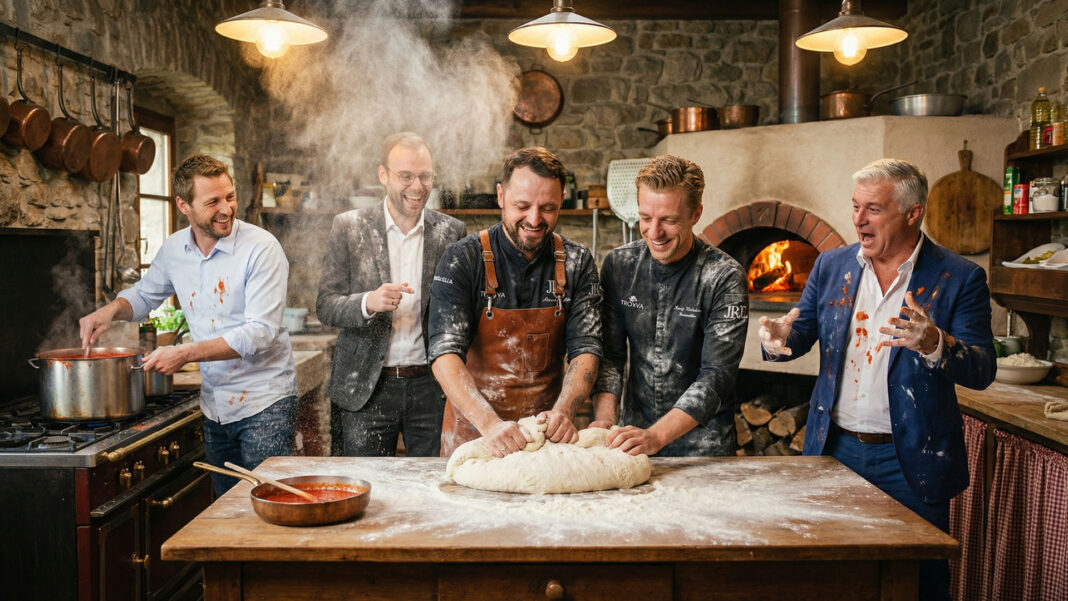 Höhle der Löwen heute (DHDL): Folge 7 mit Dieter Könnes Fünf Männer stehen mehlbestäubt in einer rustikalen Küche um einen Pizzateig, im Hintergrund brennt ein Holzofen