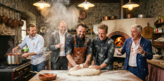 Fünf Männer stehen mehlbestäubt in einer rustikalen Küche um einen Pizzateig, im Hintergrund brennt ein Holzofen