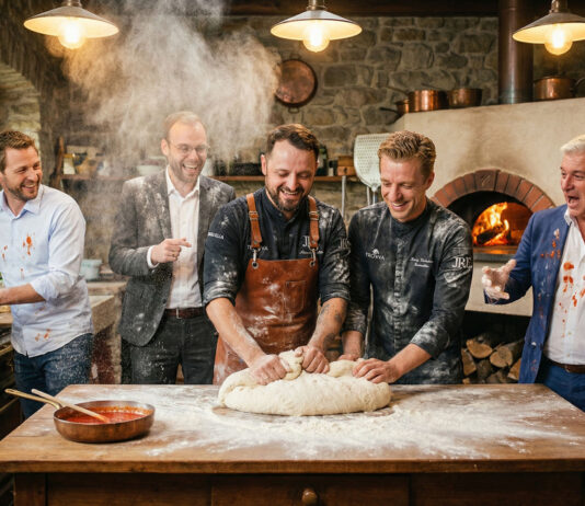 Fünf Männer stehen mehlbestäubt in einer rustikalen Küche um einen Pizzateig, im Hintergrund brennt ein Holzofen