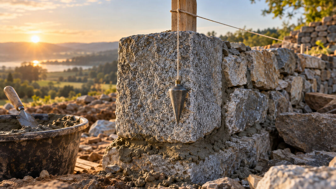 UG gründen: Stammkapital, Kosten und Ablauf Ein frisch gesetzter Granit-Eckstein mit feuchtem Mörtel bildet die unterste Lage einer niedrigen Bruchsteinmauer, daneben hängt ein Senkblei an der Schnur, Morgenlicht auf rauen Kanten