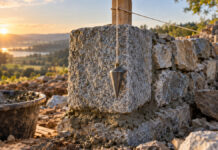 UG gründen: Stammkapital, Kosten und Ablauf Ein frisch gesetzter Granit-Eckstein mit feuchtem Mörtel bildet die unterste Lage einer niedrigen Bruchsteinmauer, daneben hängt ein Senkblei an der Schnur, Morgenlicht auf rauen Kanten