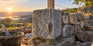 Ein frisch gesetzter Granit-Eckstein mit feuchtem Mörtel bildet die unterste Lage einer niedrigen Bruchsteinmauer, daneben hängt ein Senkblei an der Schnur, Morgenlicht auf rauen Kanten