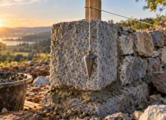 Ein frisch gesetzter Granit-Eckstein mit feuchtem Mörtel bildet die unterste Lage einer niedrigen Bruchsteinmauer, daneben hängt ein Senkblei an der Schnur, Morgenlicht auf rauen Kanten
