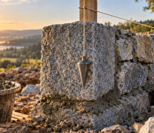 Ein frisch gesetzter Granit-Eckstein mit feuchtem Mörtel bildet die unterste Lage einer niedrigen Bruchsteinmauer, daneben hängt ein Senkblei an der Schnur, Morgenlicht auf rauen Kanten