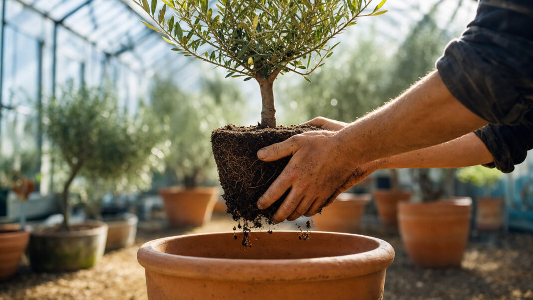 Hände topfen einen jungen Olivenbaum in einen großen Terrakottakübel um Hände topfen einen jungen Olivenbaum in einen großen Terrakottakübel um