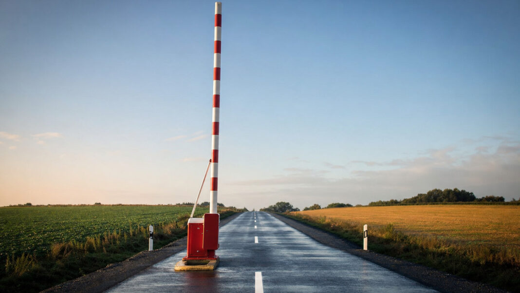 Ein rot-weiß gestreifter Schlagbaum steht senkrecht nach oben geöffnet über einer leeren Asphaltstraße, klares Morgenlicht auf dem frisch lackierten Holz und dem feuchten Asphalt