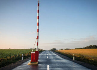 Ein rot-weiß gestreifter Schlagbaum steht senkrecht nach oben geöffnet über einer leeren Asphaltstraße, klares Morgenlicht auf dem frisch lackierten Holz und dem feuchten Asphalt
