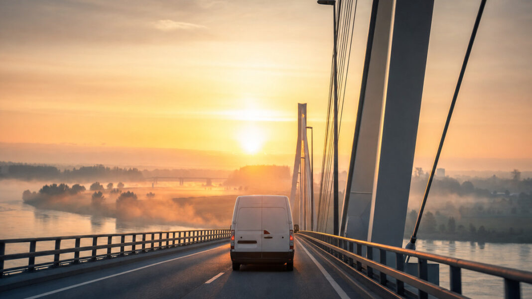 Lieferwagen fährt bei Sonnenaufgang über eine Rheinbrücke nach Frankreich