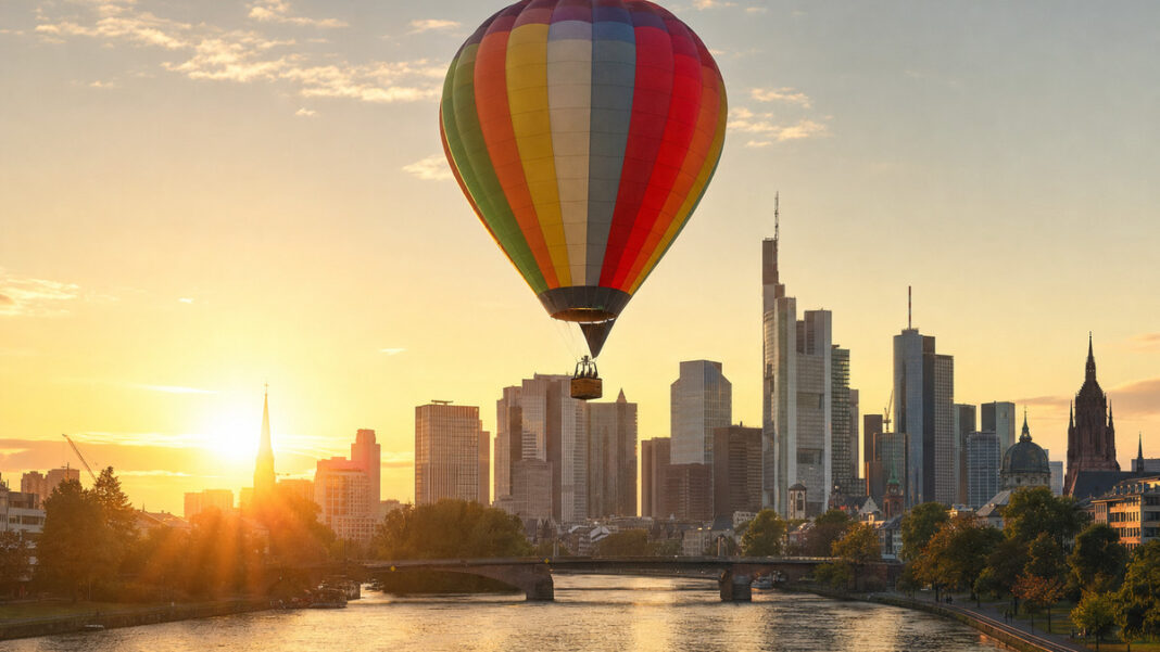 Heißluftballon steigt bei Sonnenaufgang vor der Frankfurter Skyline auf