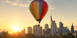 Heißluftballon steigt bei Sonnenaufgang vor der Frankfurter Skyline auf