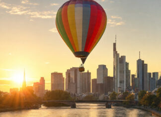 Heißluftballon steigt bei Sonnenaufgang vor der Frankfurter Skyline auf