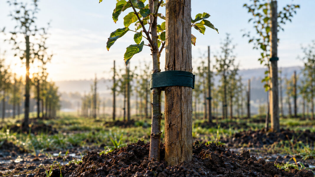 Ein frisch gepflanzter Obstbaum-Setzling ist mit breitem Band an einen hohen Eichenpfahl gebunden, die Erde ringsum noch feucht aufgeworfen, kaltes Morgenlicht auf dem rauen Pfahl