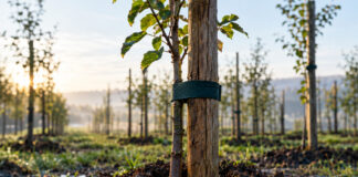 Ein frisch gepflanzter Obstbaum-Setzling ist mit breitem Band an einen hohen Eichenpfahl gebunden, die Erde ringsum noch feucht aufgeworfen, kaltes Morgenlicht auf dem rauen Pfahl