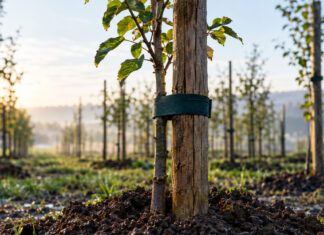 Ein frisch gepflanzter Obstbaum-Setzling ist mit breitem Band an einen hohen Eichenpfahl gebunden, die Erde ringsum noch feucht aufgeworfen, kaltes Morgenlicht auf dem rauen Pfahl