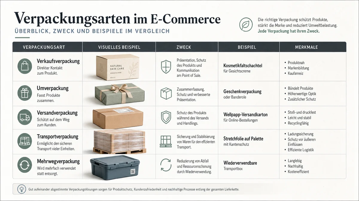 verpackungsarten-online-shop Tabelle mit Verpackungsarten im Online-Shop und typischen Beispielen
