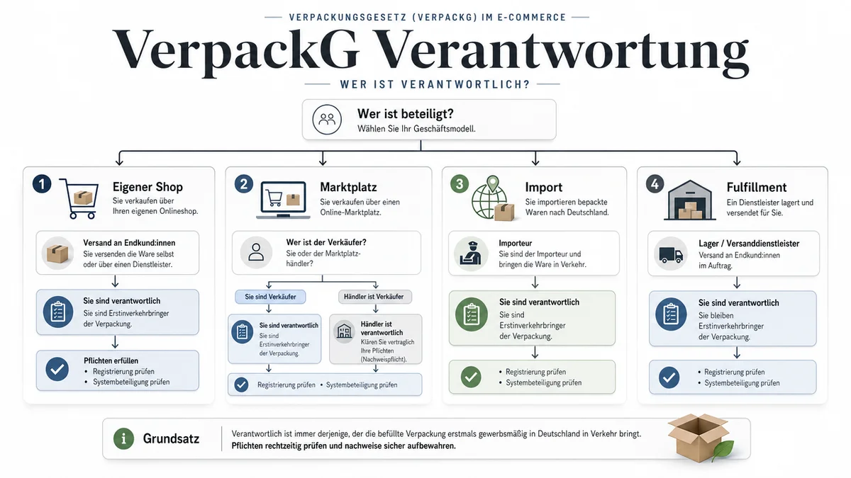 verpackungspflicht-shop-setups Diagramm zu Verantwortlichkeiten bei Verpackungen für Online-Shop, Import und Fulfillment