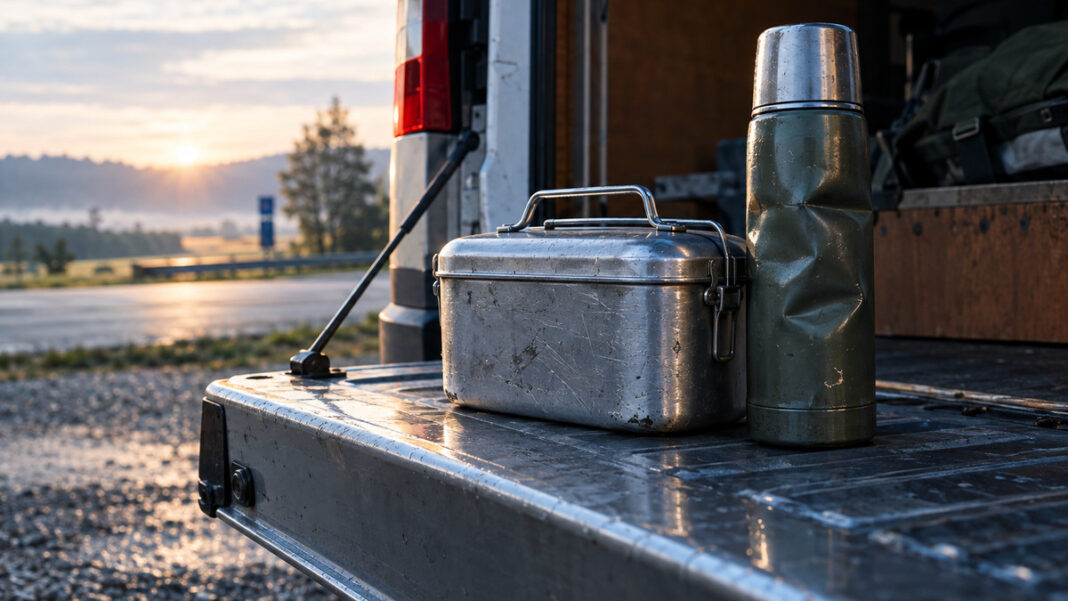 Verpflegungsmehraufwand und Reisekosten: Pauschalen für Selbstständige Ein zerkratzter Henkelmann aus Aluminium und eine verbeulte Thermoskanne stehen auf der ausgeklappten Ladekante eines kleinen Lieferwagens, kaltes Morgenlicht auf dem Blech