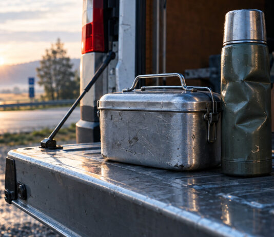 Ein zerkratzter Henkelmann aus Aluminium und eine verbeulte Thermoskanne stehen auf der ausgeklappten Ladekante eines kleinen Lieferwagens, kaltes Morgenlicht auf dem Blech