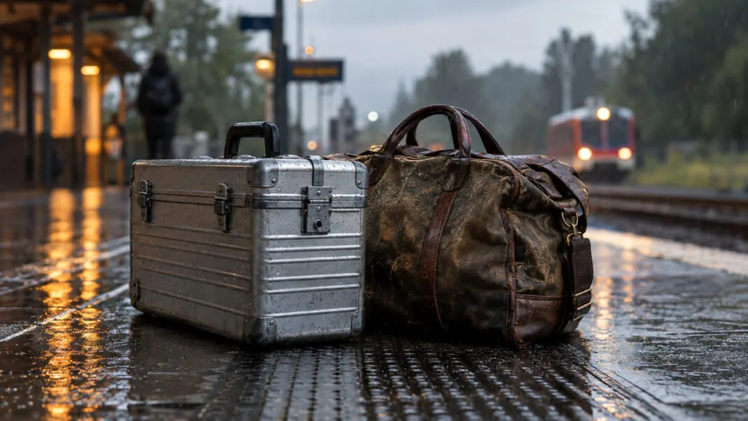 Werkzeugkoffer und Reisetasche stehen auf einem nassen Bahnsteig