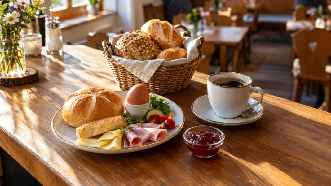 Gedeckter Frühstücksteller mit Brötchenkorb und Kaffeetasse auf einem Holztresen