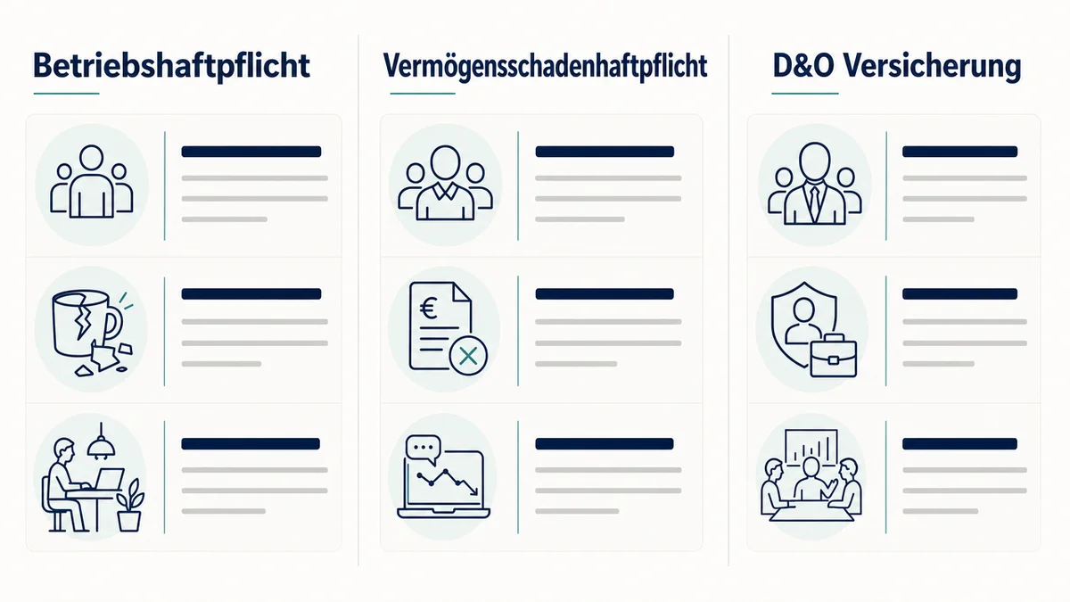 Vergleich von Betriebshaftpflicht, Vermögensschadenhaftpflicht und D&O Versicherung für Startups.
