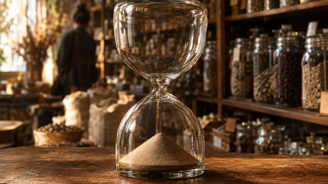 Verspätungszuschlag: Was eine zu späte Steuererklärung kostet Eine schwere Sanduhr aus dickem Glas steht auf einer abgewetzten Ladentheke aus Eichenholz, die obere Kammer ist vollständig leer, der letzte Sand liegt als Kegel unten, warmes Seitenlicht von links