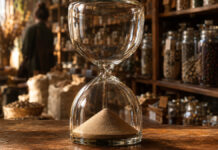 Eine schwere Sanduhr aus dickem Glas steht auf einer abgewetzten Ladentheke aus Eichenholz, die obere Kammer ist vollständig leer, der letzte Sand liegt als Kegel unten, warmes Seitenlicht von links