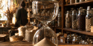 Eine schwere Sanduhr aus dickem Glas steht auf einer abgewetzten Ladentheke aus Eichenholz, die obere Kammer ist vollständig leer, der letzte Sand liegt als Kegel unten, warmes Seitenlicht von links