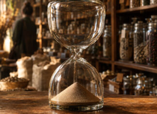 Eine schwere Sanduhr aus dickem Glas steht auf einer abgewetzten Ladentheke aus Eichenholz, die obere Kammer ist vollständig leer, der letzte Sand liegt als Kegel unten, warmes Seitenlicht von links