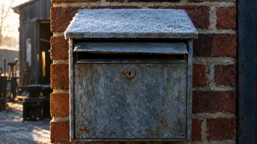 Verwitterter Wandbriefkasten aus Zinkblech mit einen Spalt offener Einwurfklappe an einer Klinkerfassade