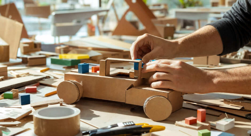 Hände bauen aus Pappe und bunten Holzklötzen einen ersten Prototyp