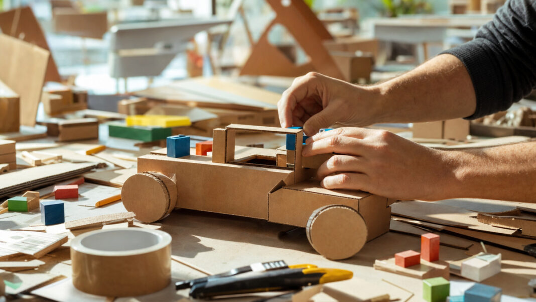 Hände bauen aus Pappe und bunten Holzklötzen einen ersten Prototyp