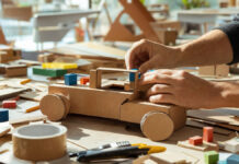 Hände bauen aus Pappe und bunten Holzklötzen einen ersten Prototyp