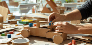 Hände bauen aus Pappe und bunten Holzklötzen einen ersten Prototyp