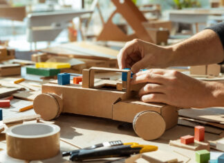 Hände bauen aus Pappe und bunten Holzklötzen einen ersten Prototyp