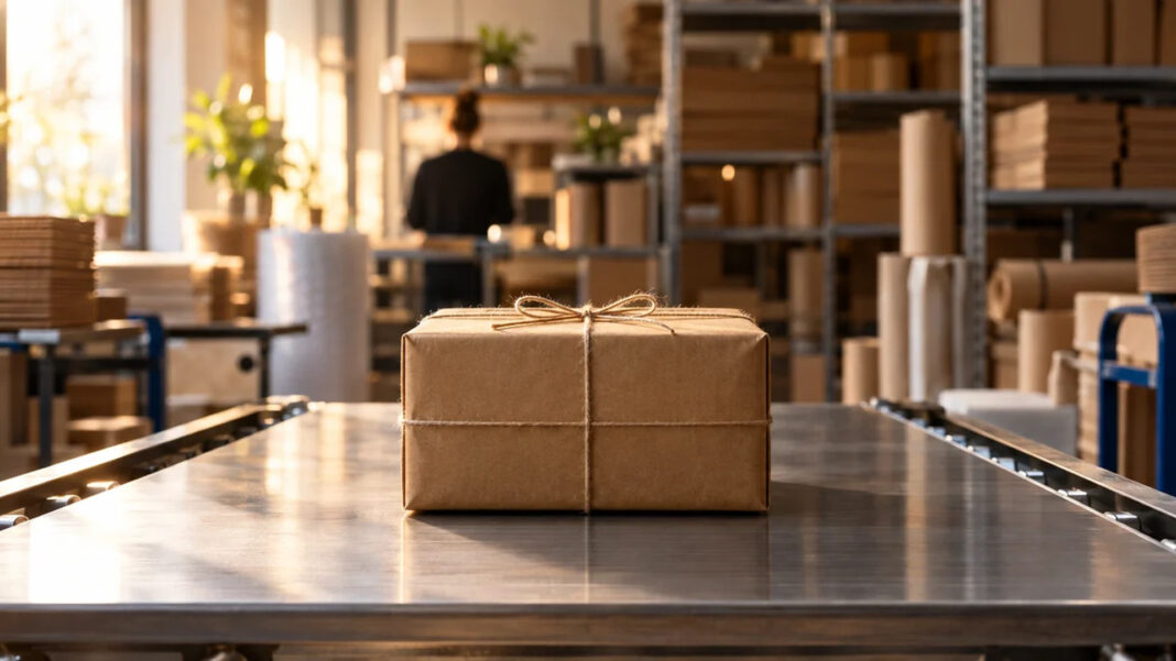 ViDA-EU-Umsatzsteuer Unbeschriftetes Paket auf einem Förderband in einer kleinen Versandwerkstatt