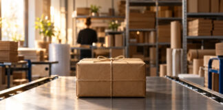 Unbeschriftetes Paket auf einem Förderband in einer kleinen Versandwerkstatt