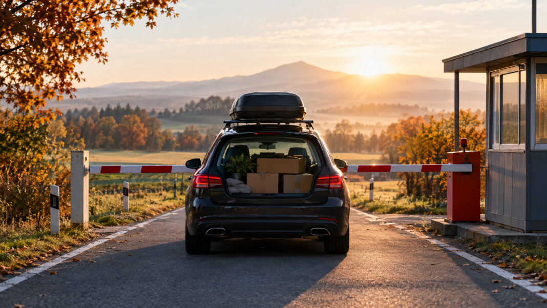 Ein beladenes Auto mit Dachbox wartet an einem Schlagbaum eines kleinen Grenzübergangs zwischen herbstlichen Feldern im Morgenlicht (Symbolbild, mit KI erzeugt)