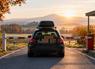 Ein beladenes Auto mit Dachbox wartet an einem Schlagbaum eines kleinen Grenzübergangs zwischen herbstlichen Feldern im Morgenlicht (Symbolbild, mit KI erzeugt)