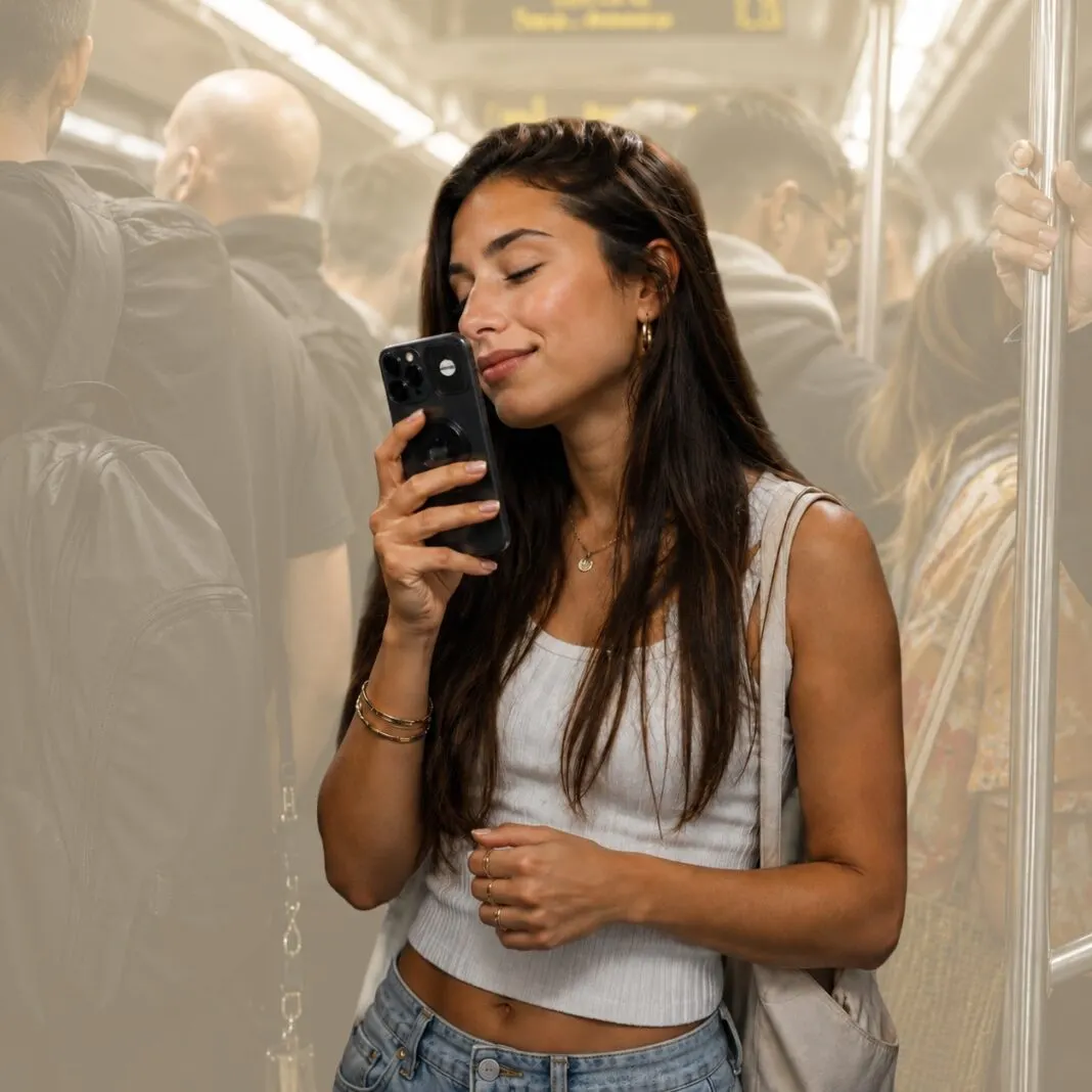 Eine Frau riecht in einer vollen U-Bahn mit geschlossenen Augen an der Rückseite ihres Smartphones