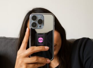 Eine Frau hält ein Smartphone vors Gesicht, auf dessen Rückseite eine whiffy-Halterung mit rosa Kapsel klebt