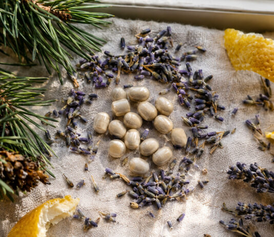 Kleine runde Kapseln liegen zwischen getrockneten Lavendelblüten, Zirbelkiefernzweigen und Zitronenschalen auf einem Leinentuch